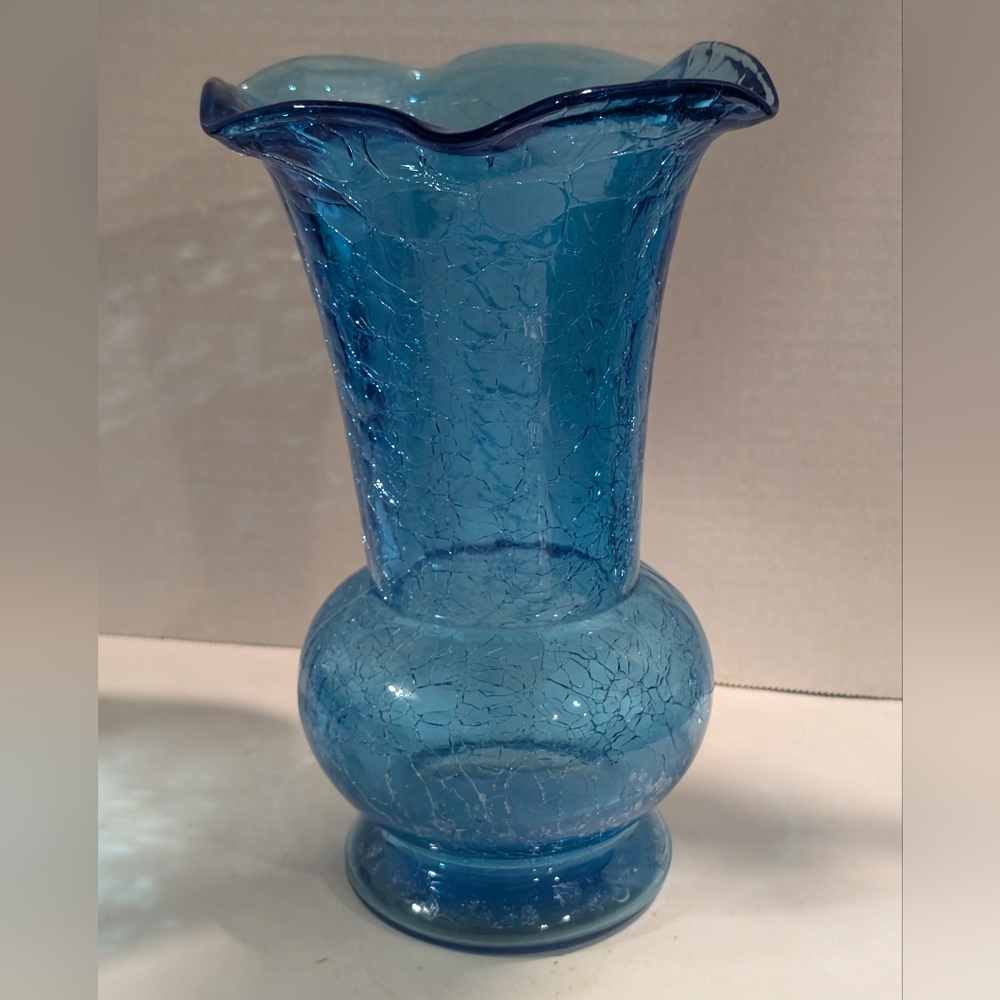 Blenko Azure Blue Crackle Vase Ruffled Rim.